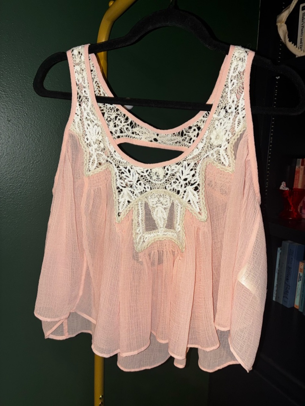 Free People Blush Pink Crochet-Trim Sheer Chiffon Tank
